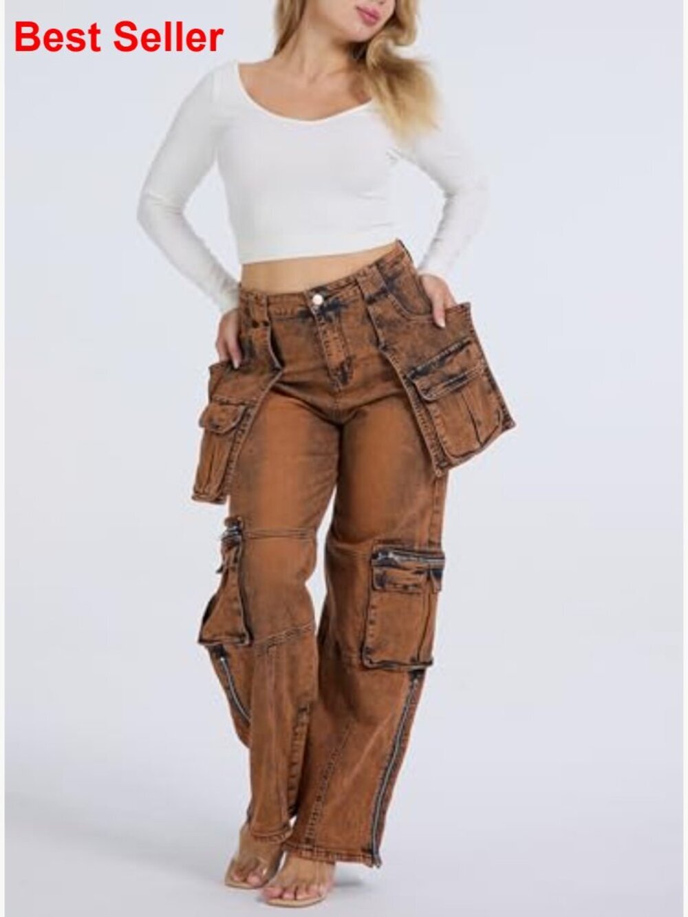Polyester and Spandex Blend Cargo Pants with Side Zipper and Pockets - Picture 6 of 7